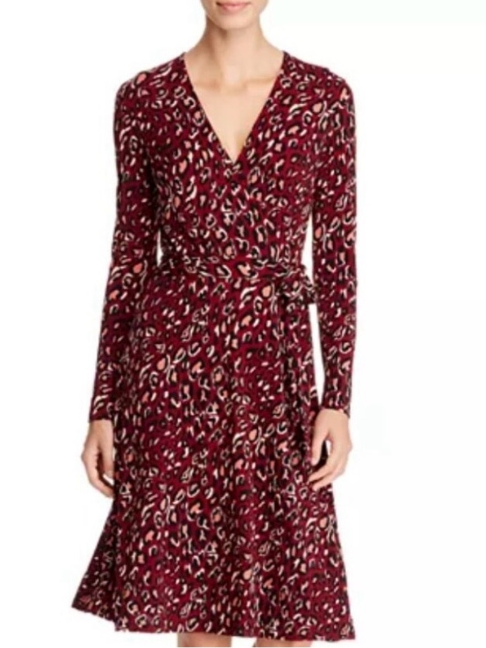 Leota Burgundy and Pink Leopard Print Faux Wrap Dress